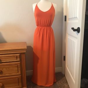 Tangerine Orange V-Neck Spaghetti Strap Maxi Dress